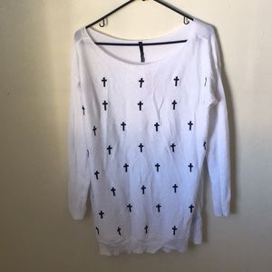 Love Culture White Sweater with Black Crosses